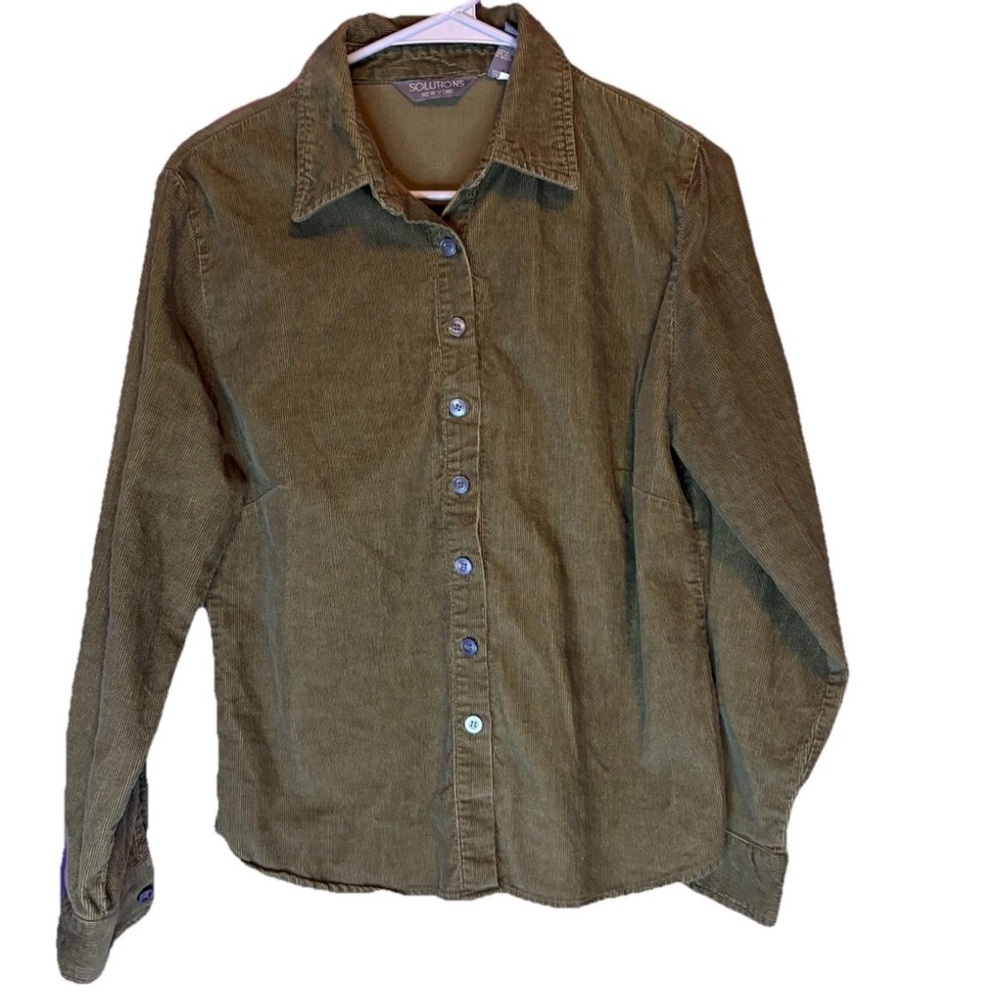 Solutions New York Corduroy Button Down Shirt Top Green Size Small